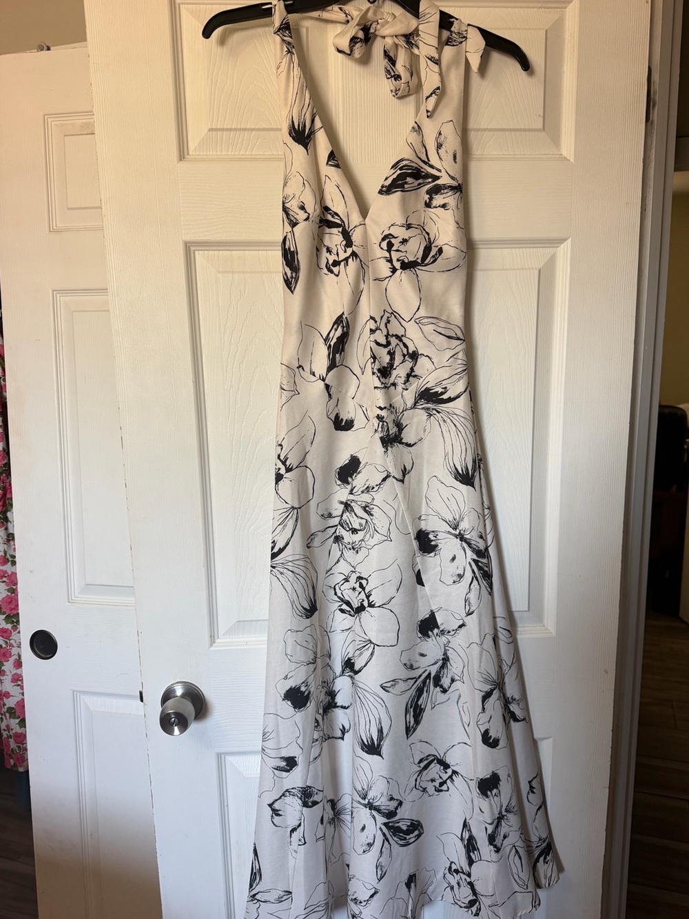 Floral Halter Dress in Black and Cream - Picture 2 of 6